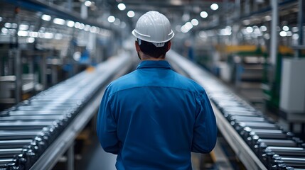 Obraz premium Industrial Worker in Factory with Conveyor Belt