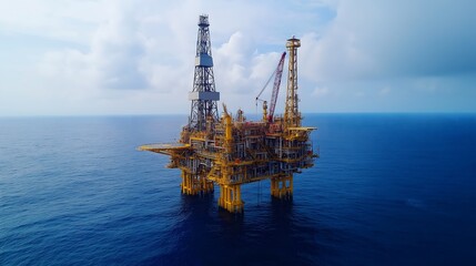 Offshore Oil Platform in Blue Ocean with Clouds