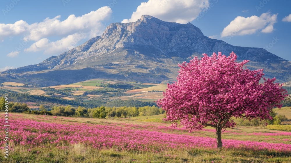 Poster mountain landscape with blooming tree