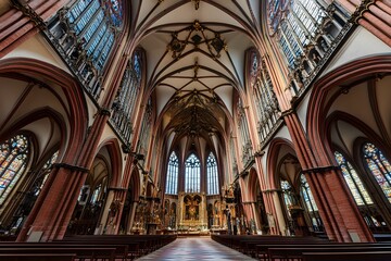Gothic Interior of a Church with Stained Glass Windows
