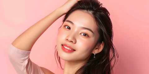 Obraz premium Portrait of a Smiling Asian Woman with Long Black Hair