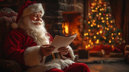 Santa's Workshop: A heartwarming portrait of Santa Claus reading a Christmas wish list by a cozy fireplace, with a twinkling tree in the background. This festive image evokes feelings of joy, anticipa