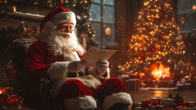 Santa's List: A heartwarming image of Santa Claus nestled in a cozy armchair, illuminated by the warm glow of a fireplace and a twinkling Christmas tree. He's engrossed in reading a letter, a magical 