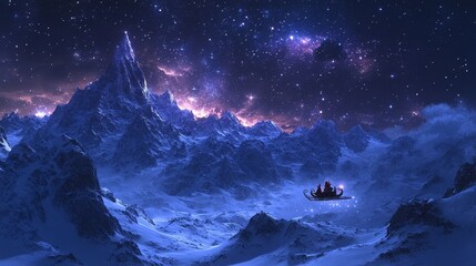 Naklejka premium Cosmic Journey: A lone, ethereal airship glides over a breathtaking vista of snow-capped mountains beneath a star-studded sky, evoking a sense of adventure and wonder. 