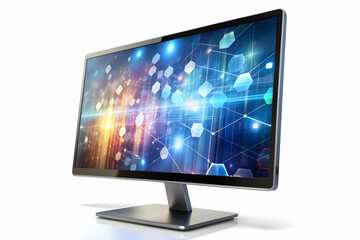 Modern Desktop Monitor with Surrounding Holographic Notifications in Futuristic Technology Concept on White Background - Copy Space Available for Advertisement