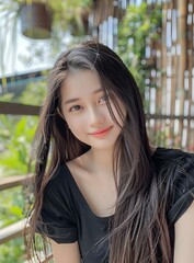 Fototapeta premium Beautiful Asian Girl With Long Hair Smiling Outdoors
