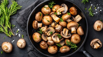 Roasted Mushrooms with Rosemary and Salt in a Black Pan