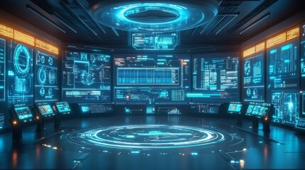 Futuristic Control Room with Holographic Displays.