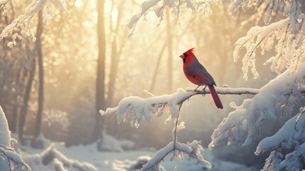 Cardinal in Winter Wonderland: A vibrant cardinal perched on a snow-laden branch, bathed in the golden glow of a winter sunrise. Its vibrant red feathers stand out against the snowy backdrop, creating