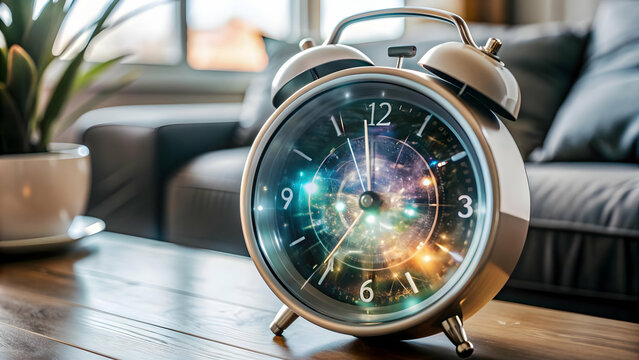 Modern Digital Alarm Clock with Holographic Time Display Floating Above - Innovative Time Projection Technology on White Background with Copy Space, Front View - Photo Stock Concept - Powered by Adobe