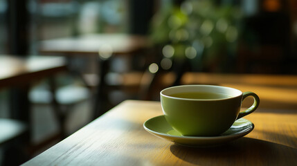 Fototapeta premium cup of green tea on the table at cafe , at sunshine