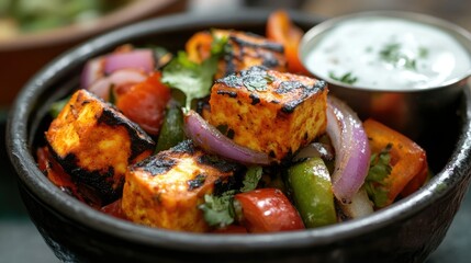 A close-up of a bowl of aromatic paneer tikka, featuring grilled chunks of paneer with spices and vegetables, served with a side of yogurt dip.