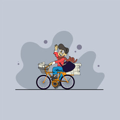 Newspaper boy ride a cycle with carry newspaper