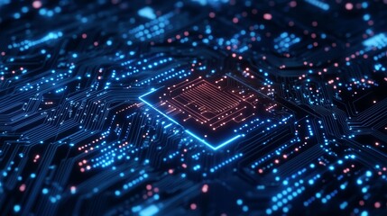 Obraz premium Glowing Circuit Board with Processor Technology Background Abstract Data Digital Network AI Concept