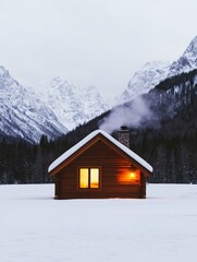 Fototapeta premium Small wooden cabin in the snowy mountains smoke rising from the chimney warm light from the windows surrounded by snowcovered trees cozy winter retreat white and brown palette