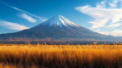 Obraz premium Mount Fuji with Golden Wheat Field and Blue Sky