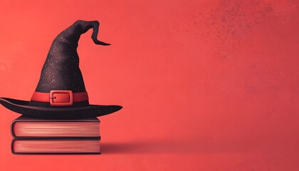 A whimsical black hat rests on stacked books against a vibrant red background, evoking themes of magic and fantasy.