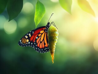 Monarch Butterfly Metamorphosis: A breathtaking close-up captures the transformative moment a monarch butterfly emerges from its chrysalis, wings still damp but vibrant.