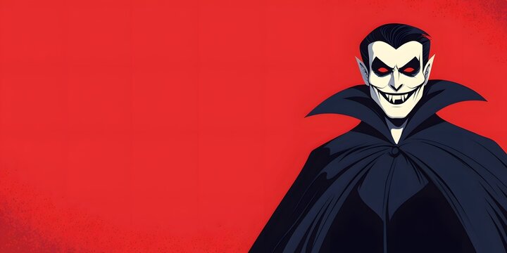 An illustrated vampire character with a sinister smile and dark cape, set against a striking red background.