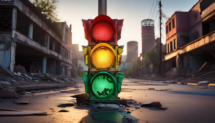 defekte ampel auf einer Straße. Im Hintergrund ist zerfallende Infrastruktur zu sehen