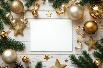 Festive Christmas Card Frame with Pine and Gold Ornaments