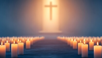 Fototapeta premium A serene atmosphere with illuminated candles leading to a cross, symbolizing hope and reflection in a tranquil space.