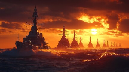 Naval Armada at Sunset: Majestic fleet silhouetted against a fiery sunset, sailing across a dramatic ocean. Epic seascape evokes power and strength. 