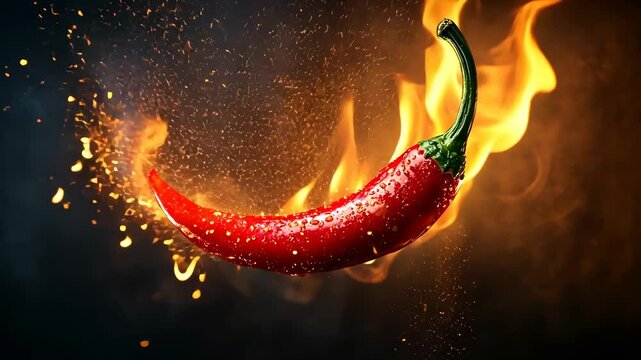 Red chilli pepper burning in flames on dark background