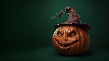 Carved Halloween pumpkin with creepy face wearing a witch hat on dark green background, close-up photography. Generative AI