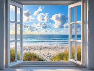 Ocean View Through Open Window: A peaceful and serene beach scene, with an open window framing the turquoise ocean, white sand beach, and fluffy clouds in the sky.