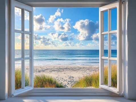 Fototapeta Ocean View Through Open Window: A peaceful and serene beach scene, with an open window framing the turquoise ocean, white sand beach, and fluffy clouds in the sky.