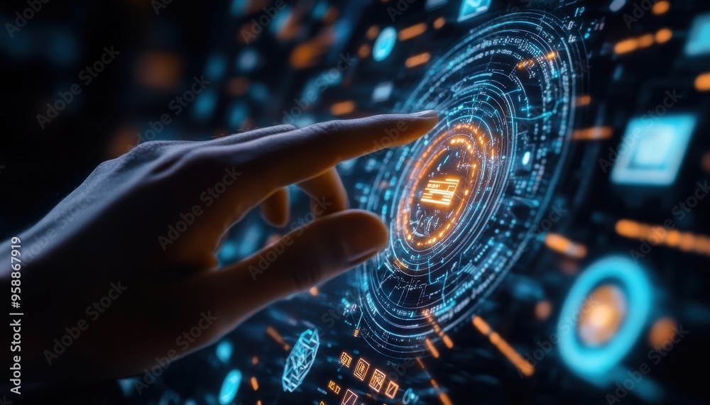Poster digital touch: futuristic human hand interacting with luminous interface of coding symbols and ai