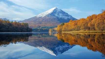 Obraz premium Snow-capped mountain reflected in serene lake during autumn