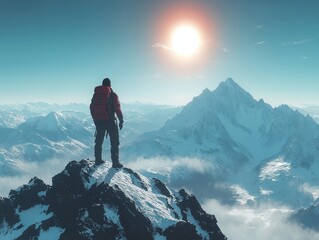 Summit Success: A lone hiker stands triumphantly on a snow-capped mountain peak, basking in the golden glow of the rising sun.