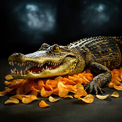Fototapeta premium Alligator Standing Top Of Potato Chips, Dark Background, Ai Generated Illustration