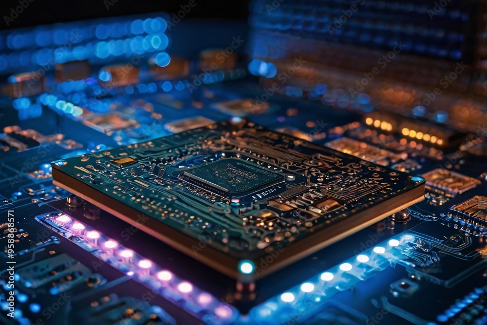 Poster Illustration of CPU chip on circuit board with glow light in concept of processing semiconductor microchip technology