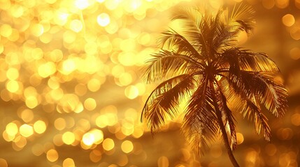 Silhouetted Palm Tree Against Golden Bokeh Background