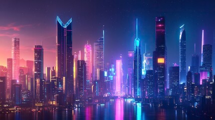 Fototapeta premium Futuristic urban skyline with bright, colorful lights and tall structures. Premium background for the latest technology needs. generative ai