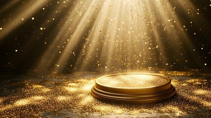 Obraz premium Golden Podium with Radiant Light Beams and Glittering Particles.