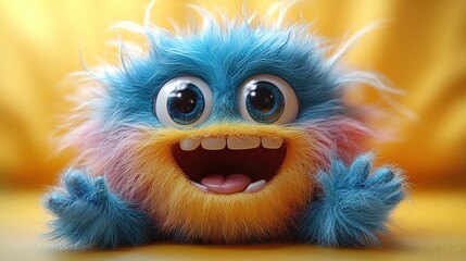 Obraz premium looping animation dancing colorful hairy monster funny mascot having fun furry toy isolate on yellow background