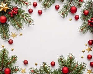 Christmas background. Snow Fir tree branch, gold star, red balls and berries on white background