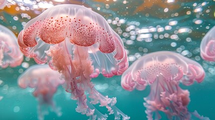 Naklejka premium Pink Spotted Jellyfish Underwater with Blurry Background