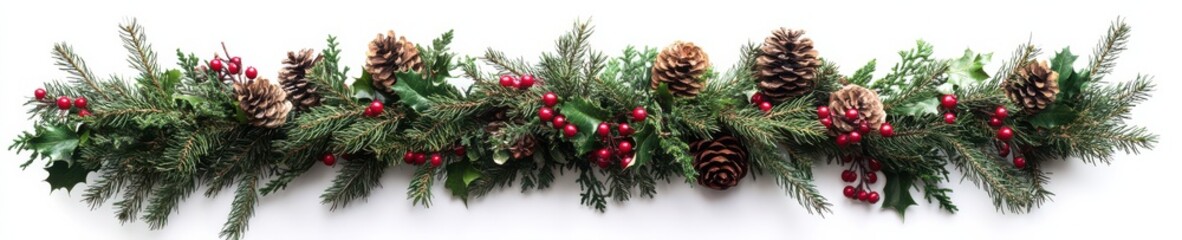Evergreen Christmas Garland with Red Berries and Pinecones