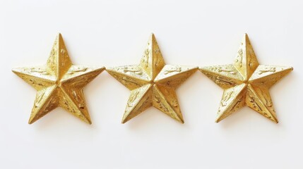 five gleaming golden stars arranged in arc formation against pristine white background symbolizing excellence in product ratings and reviews