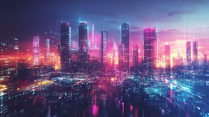 Fototapeta premium Futuristic urban skyline with bright, colorful lights and tall structures. Premium background for the latest technology needs. generative ai