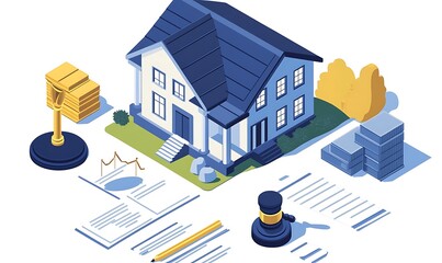 House with Gavel, Documents, and Money, Representing a Real Estate Auction