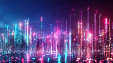 Fototapeta premium Futuristic urban skyline with bright, colorful lights and tall structures. Premium background for the latest technology needs. generative ai