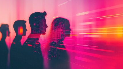Silhouetted profiles of individuals against a vibrant pink background, showcasing a blend of light and motion for a modern aesthetic.