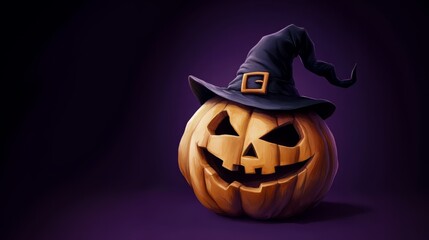Carved Halloween Pumpkin Wearing Witch Hat on Dark Purple Background – Digital Illustration. Generative AI