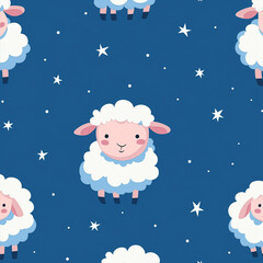 Fototapeta premium Cute Cartoon Sheep Pattern with Stars on Dark Blue Night Sky Background 